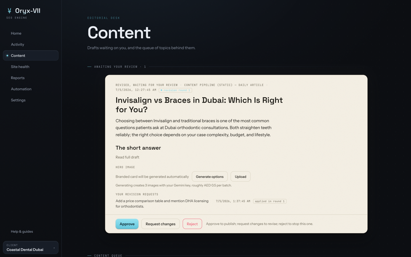 Content: a draft on the approval pane, Approve and Request changes