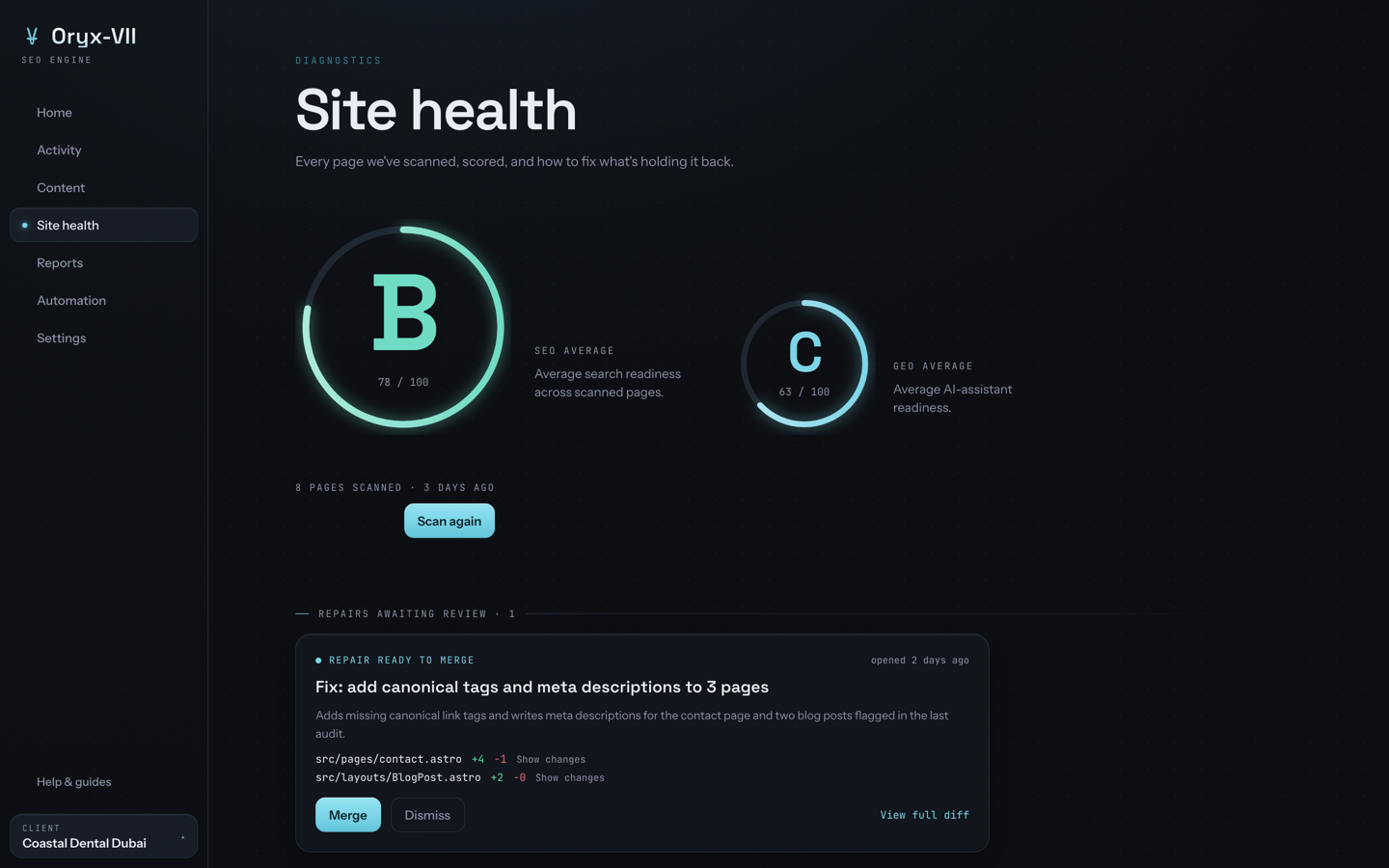 Site health: grade dials and the ranked issue ledger