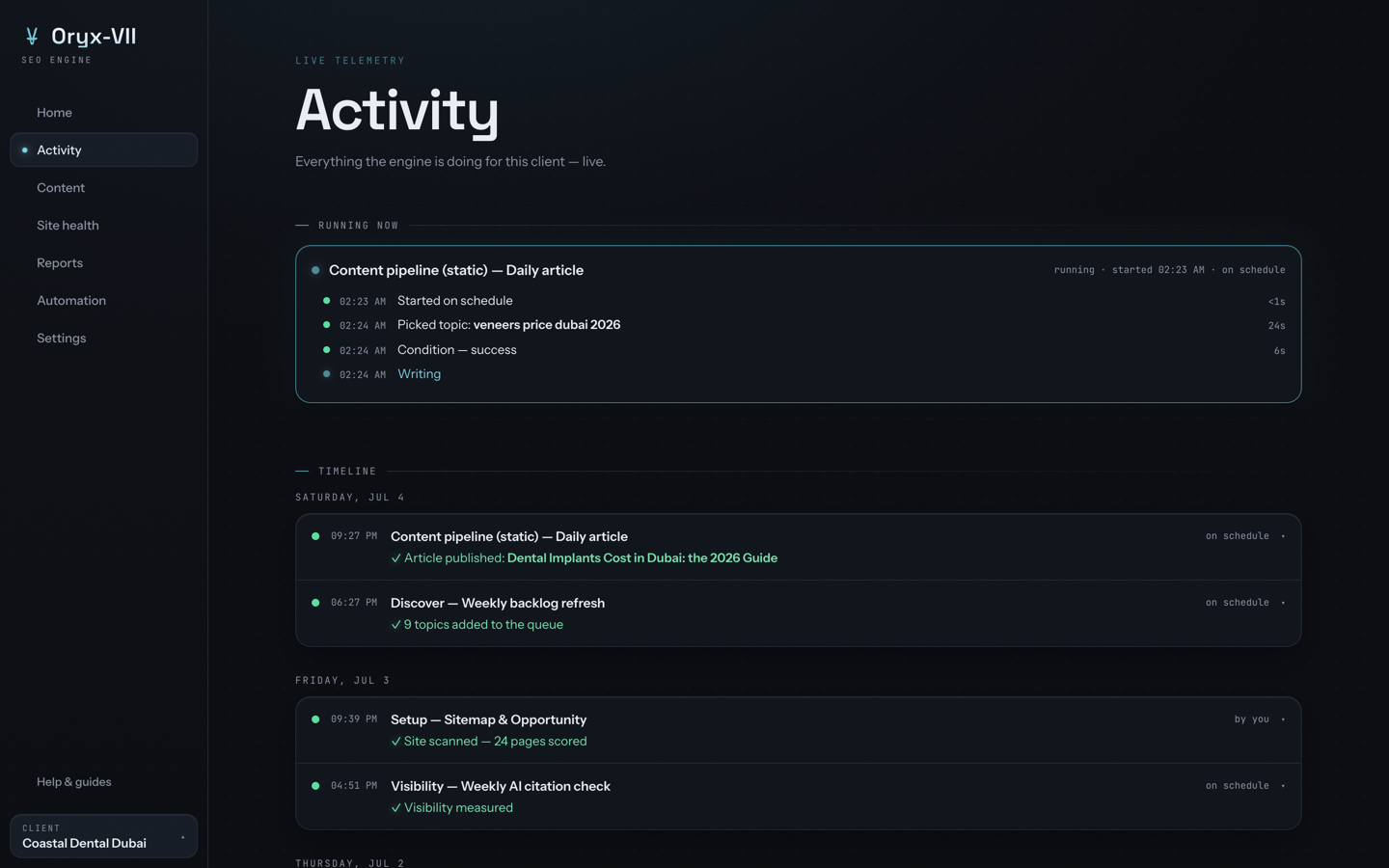 Activity: the engine researching and writing through the night